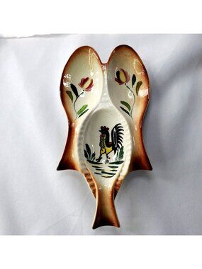 Vintage Hand Painted Ceramic Rooster Chicken Triple Spoon Rest Kitchen Cooking